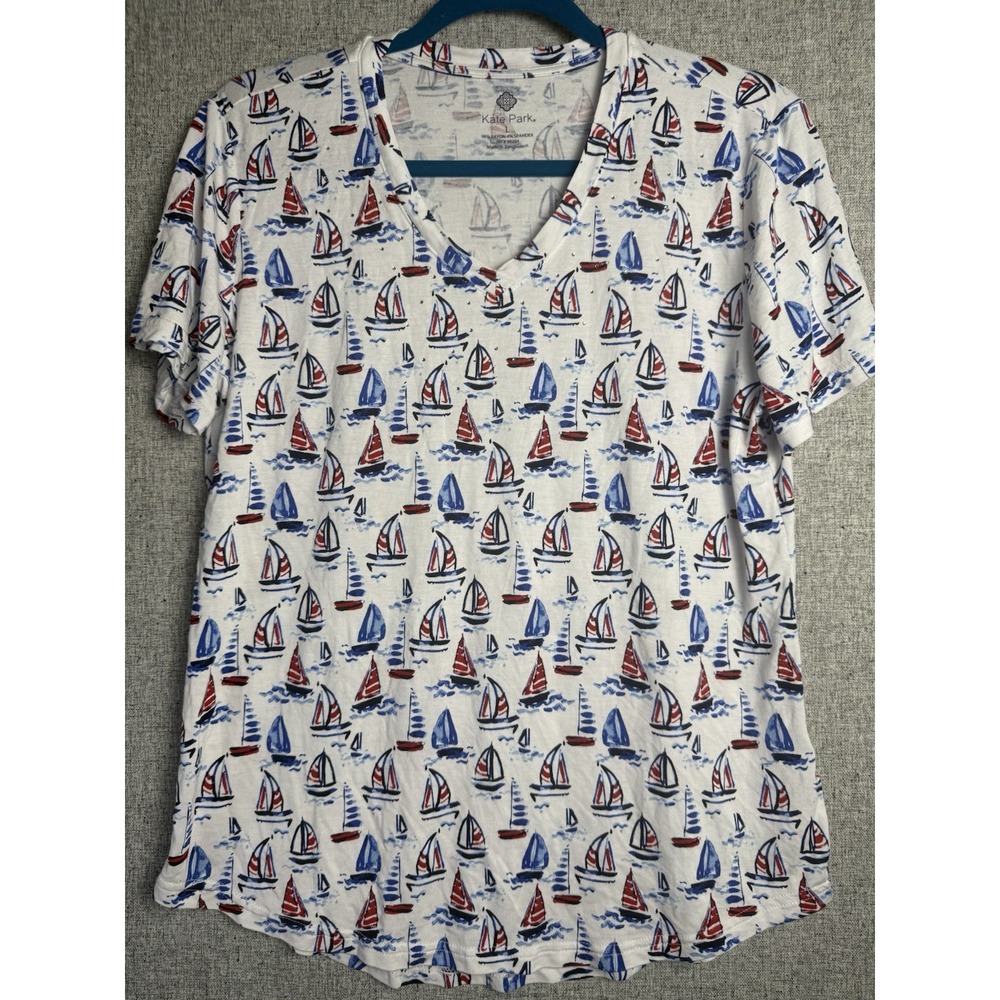 Blue Red Allover Sailboat Patriotic July‎ 4th Nautical Cruise Jersey Top LARGE